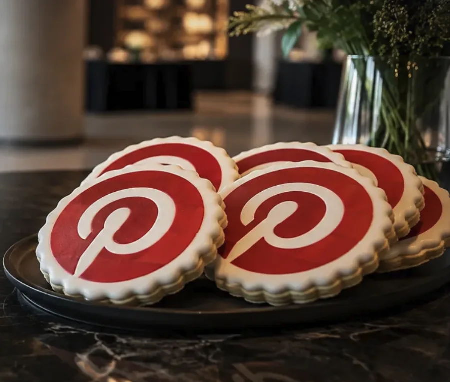 Pinterest logo printed on scalloped sugar cookies, plated in a corporate lobby