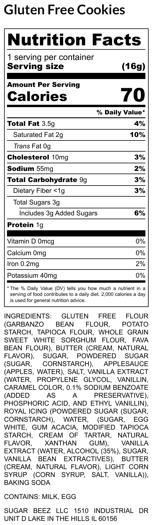 Nutrition Facts label for the Sugar Beez Gluten-Free Cookies