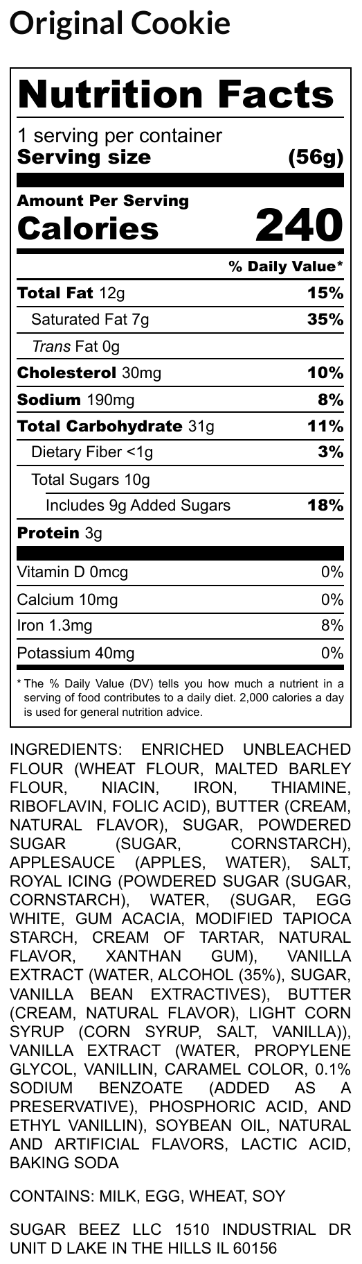 Nutrition Facts label for the Sugar Beez Original Cookie