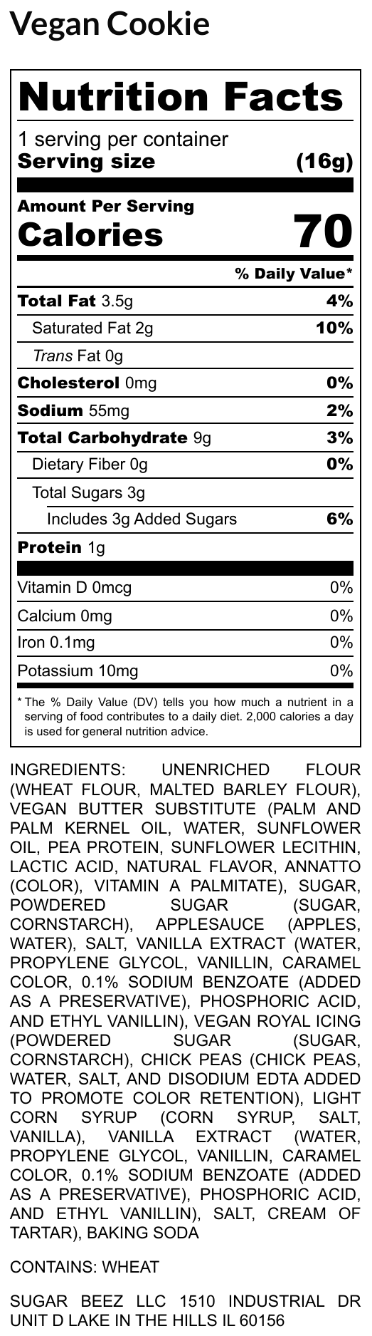 Nutrition Facts label for the Sugar Beez Vegan Cookie