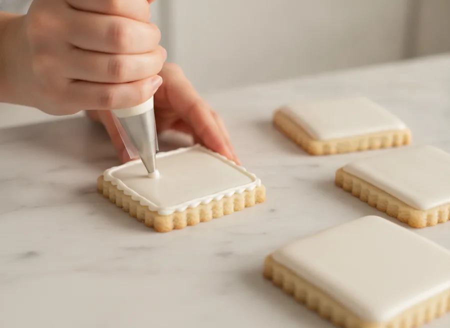 Hand-piping royal icing onto a square sugar cookie