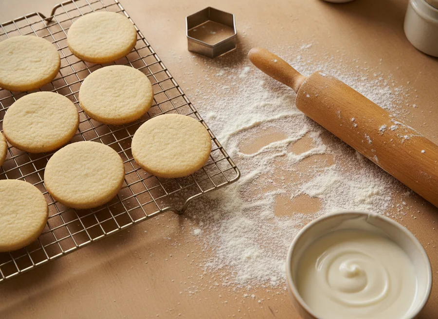 A cooling rack of freshly baked sugar cookies with a rolling pin and hexagon cutter