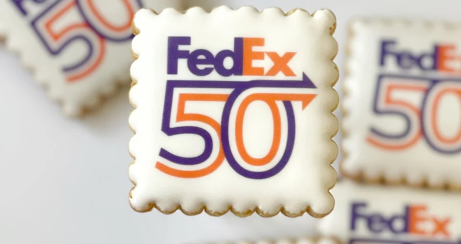 A real Sugar Beez cookie with the FedEx 50 logo printed in edible ink
